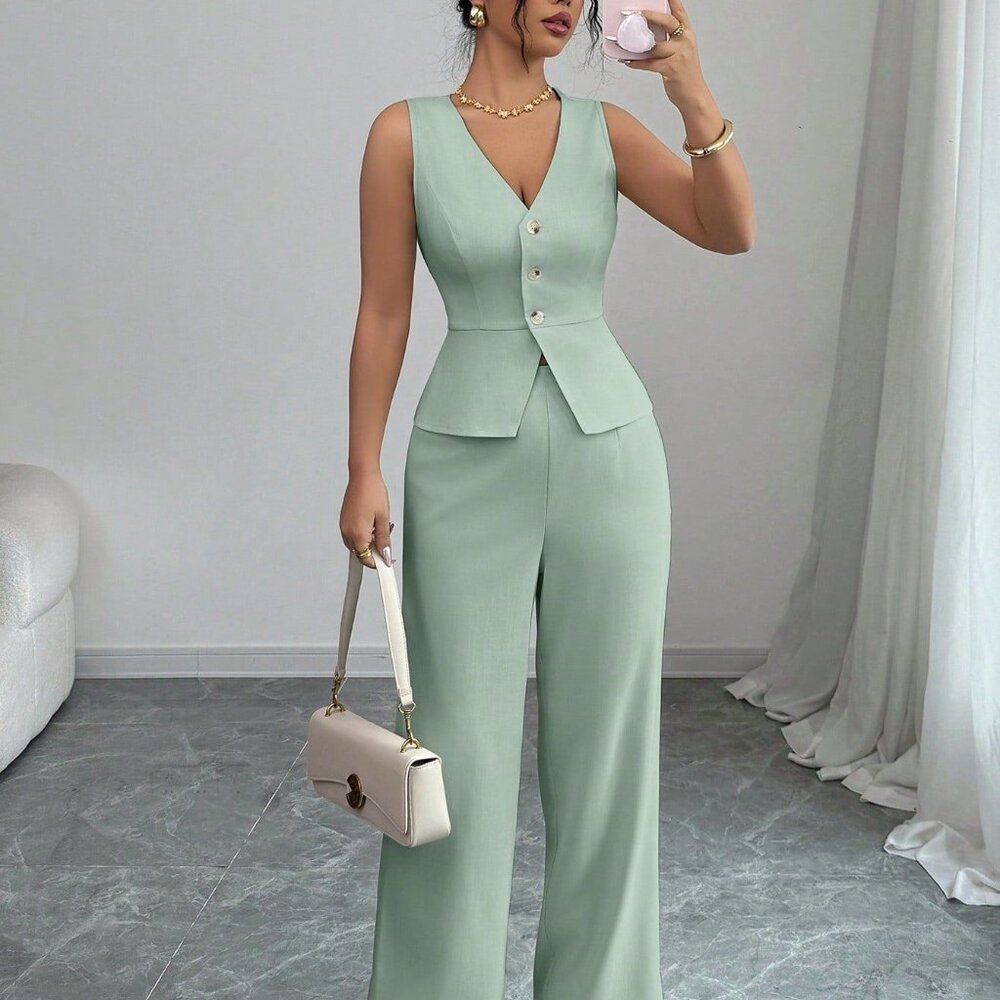 Solid Color Sleeveless Slim Fit Vest High Waist Trousers Two-piece Set